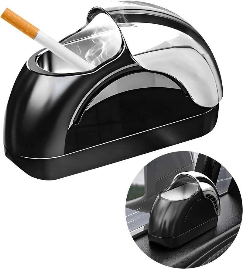 Wevdn Car Ashtray with Lid, Portable Smokeless Car Door Cigarette Ashtray with LED Light, Windproof Automotive Ash Tray for Most Car Home Office Outdoor Use, Car Accessories (Silver & Black) - Image 1